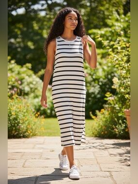 Banana Republic Womens White Dress Striped Sleeveless Round Neck Sz XS